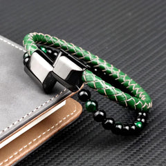Multi-Layer Beaded Green Tiger Eye Leather Bracelet