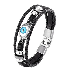 Multi-Layer Beaded Evil Eye Leather Bracelet Set