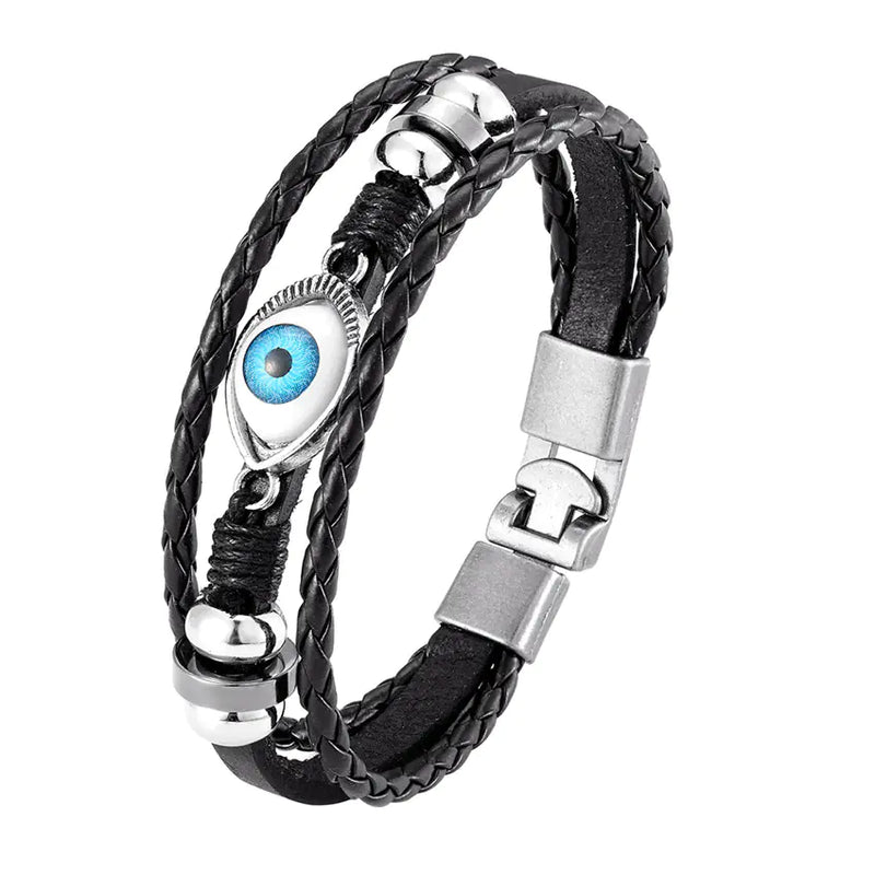 Multi-Layer Beaded Evil Eye Leather Bracelet Set