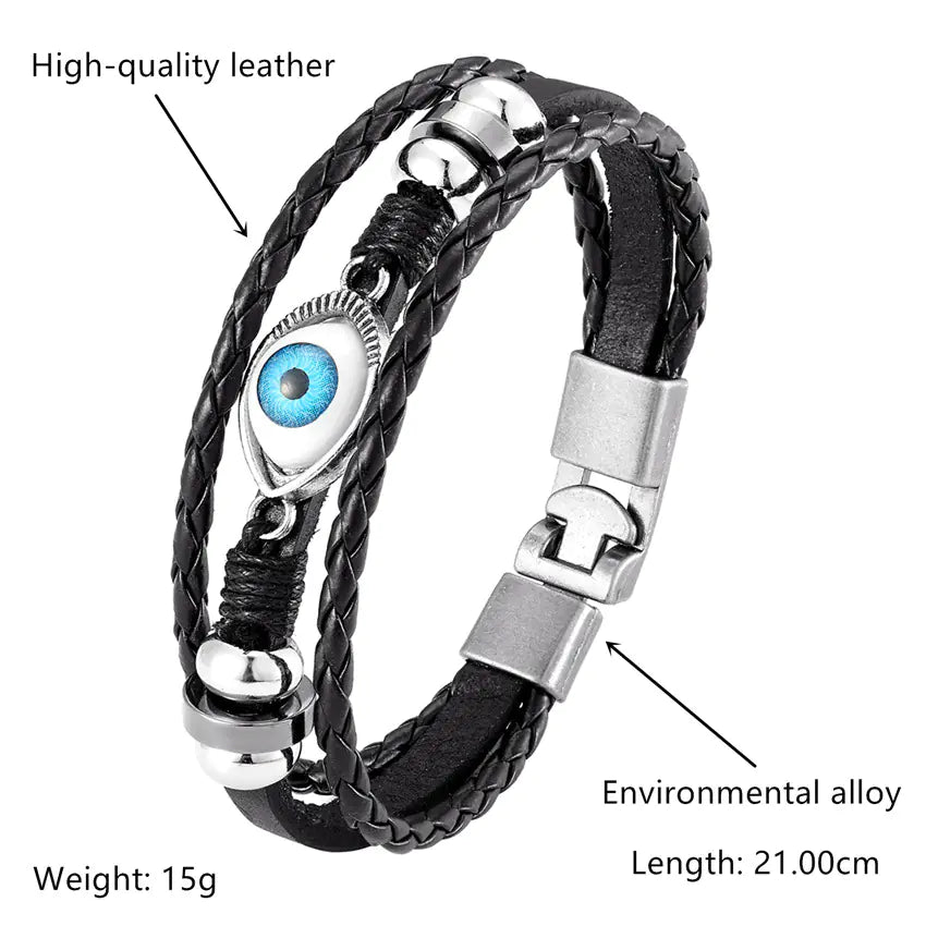 Multi-Layer Beaded Evil Eye Leather Bracelet Set