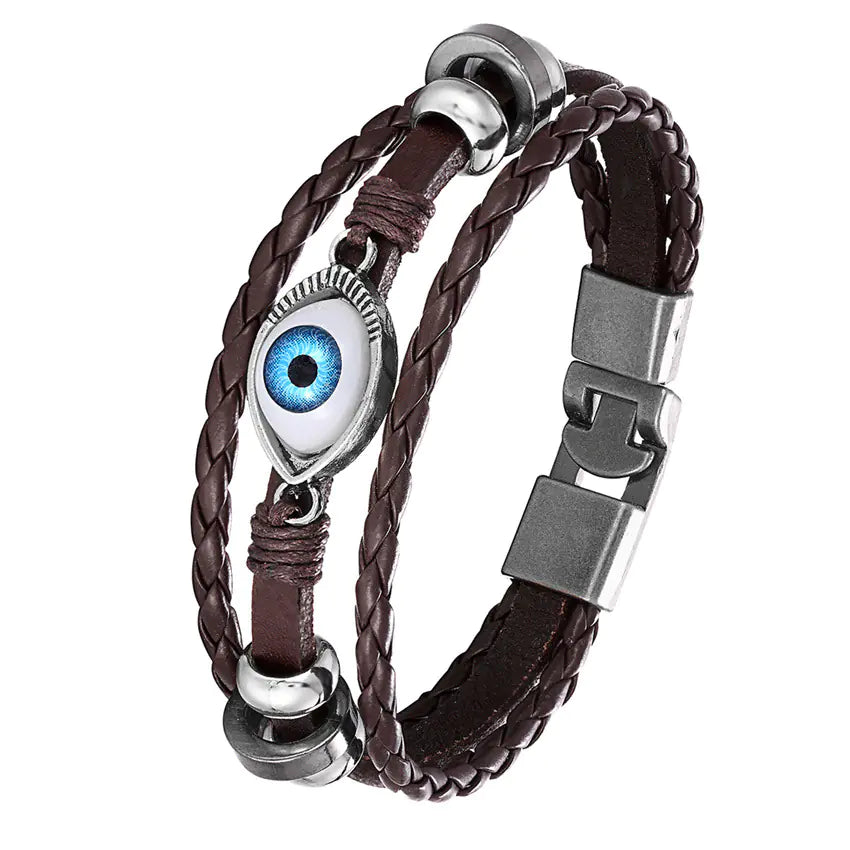 Multi-Layer Beaded Evil Eye Leather Bracelet Set
