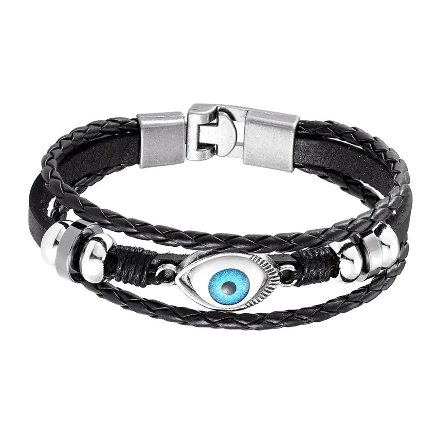 Multi-Layer Beaded Evil Eye Leather Bracelet Set