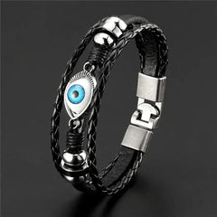 Multi-Layer Beaded Evil Eye Leather Bracelet Set